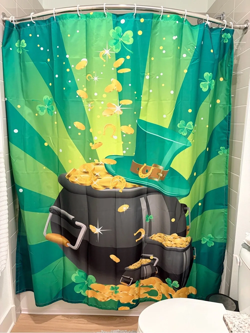 Kids Green Shamrock & Gold Coins Shower Curtain - Fun Bath Decor
